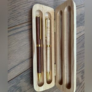 WOODEN PEN SET-beautiful in wood case-great gift-1 light burled/1 dark hardwood